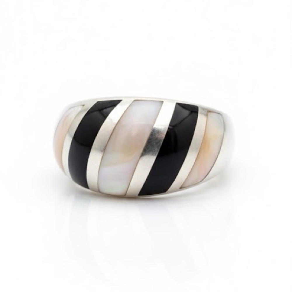 Sterling Silver 925 Mother of Pearl Onyx Inlay Wide Band Ring Size 6.5
